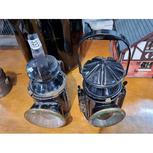 337 - 2x good quality original early vintage 3 aspect hand signal railway lamps both in very good looked a... 