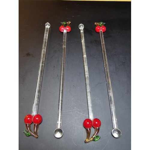 337B - 4 x vintage retro art glass cocktail sticks with cherry motifs to tops, one has has an old repair th... 