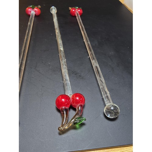 337B - 4 x vintage retro art glass cocktail sticks with cherry motifs to tops, one has has an old repair th... 