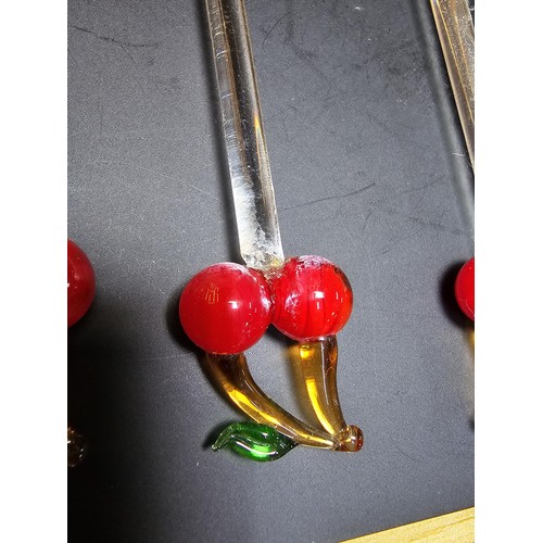 337B - 4 x vintage retro art glass cocktail sticks with cherry motifs to tops, one has has an old repair th... 