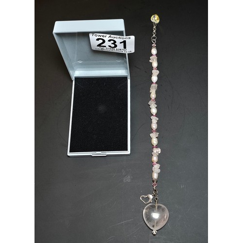 231 - Pretty 925 silver real pearl and gemstone bracelet featuring a large natural rose quartz heart forme... 