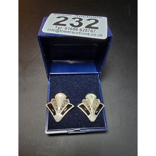 232 - Pair of as new unused 925 silver Art deco style earrings in the classical fan design inset with marc... 