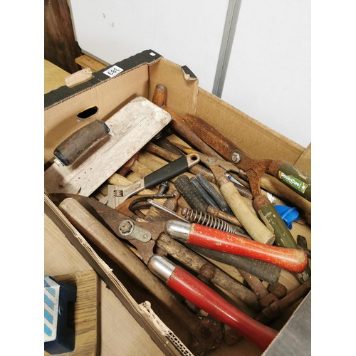 389 - 2x Boxes of tools and accessories to include shears, hammers, mitre saw, as new blue rope, brushes, ... 