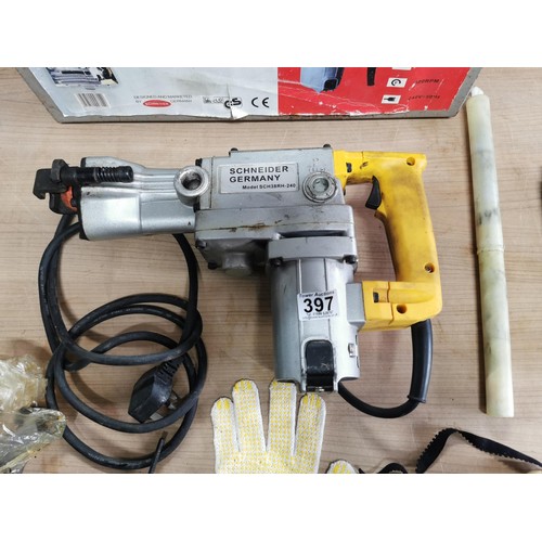 397 - A Schneider 38mm rotary hammer, SCH38RH-240, in case and fully tested complete with tools, gloves an... 