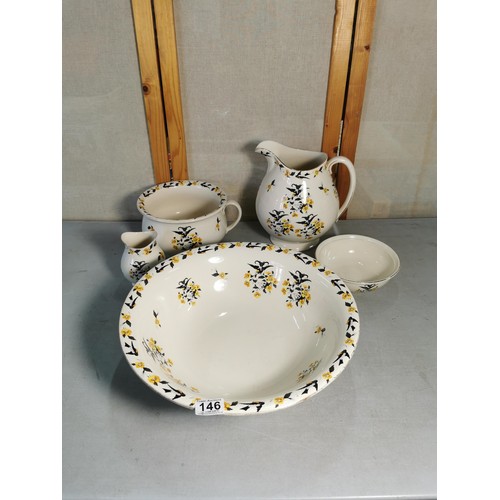 146 - 5 piece Cauldon bathroom set to incl. ewer and basin, chamber pot, bowl and vase floral black & yell... 