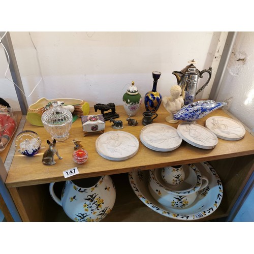 147 - Quantity of collectables inc an antique silver plate coffee pot, various collectables incl. small an... 