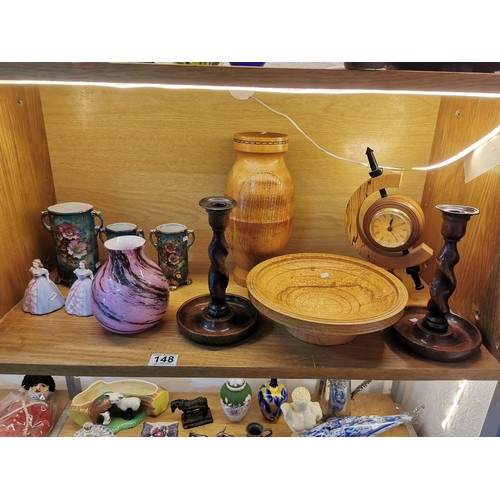 148 - Shelf full of collectables inc 2x barley twist candle holders, 2x coalport figurines, pink swirl des... 