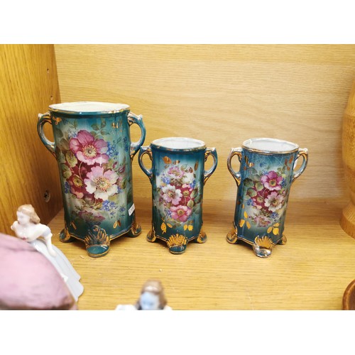 148 - Shelf full of collectables inc 2x barley twist candle holders, 2x coalport figurines, pink swirl des... 