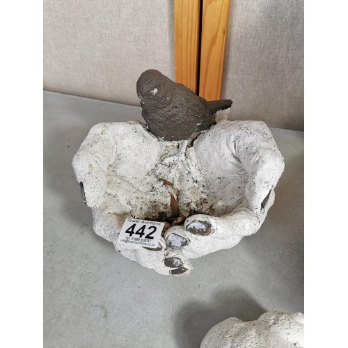 442 - 2x stoneware bird baths to include a hand formed bird bath and a 2 tier bird bath along with a shell... 