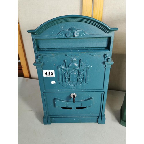 445 - Metal green wall hanging post box along with a storage divider to hold screws, nails and other bits.... 