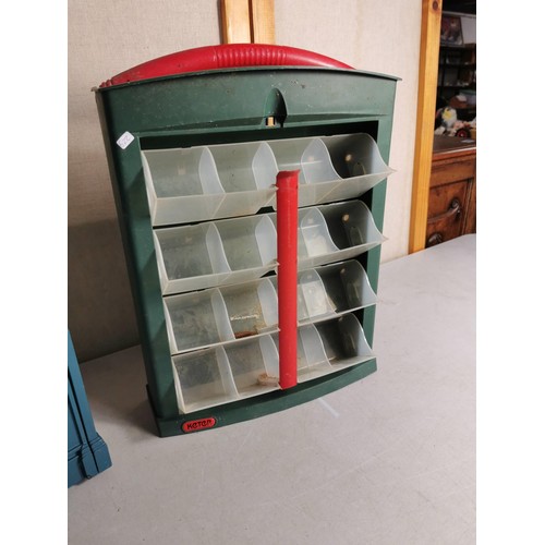 445 - Metal green wall hanging post box along with a storage divider to hold screws, nails and other bits.... 