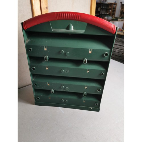 445 - Metal green wall hanging post box along with a storage divider to hold screws, nails and other bits.... 