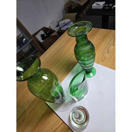 159 - 4 pieces of artglass which includes 2 attractive emerald glass slim vases, 1 other green vase and an... 
