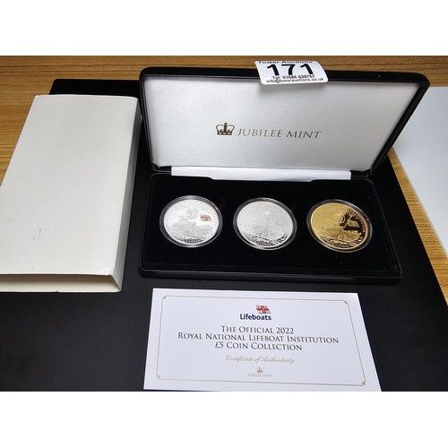171 - An as new set of the Jubilee Mint The Official 2022 RNLI £5 coin collection containing three £5 coin... 