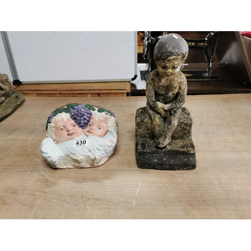 430 - Small stoneware garden ornament of a child along with a Cherub design stone window still planter, ta... 