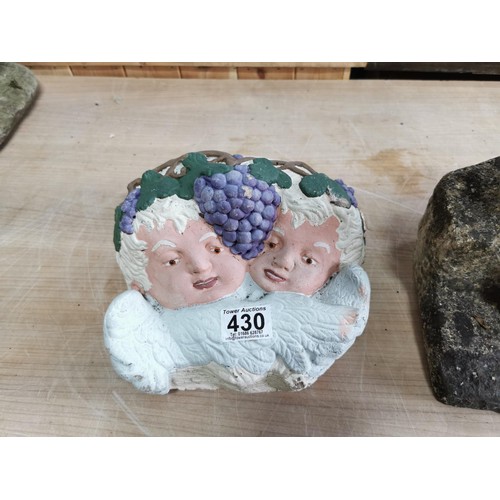 430 - Small stoneware garden ornament of a child along with a Cherub design stone window still planter, ta... 