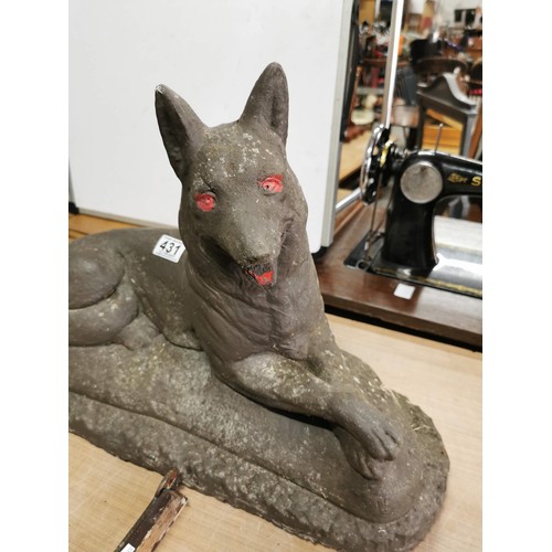 431 - Large garden ornament of a German Shepard in good overall condition along with 2x metal fox decorate... 