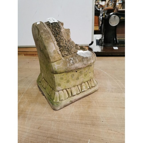 433 - Small stoneware well detailed garden ornament of a hedgehog sitting on a arm chair in good order sta... 