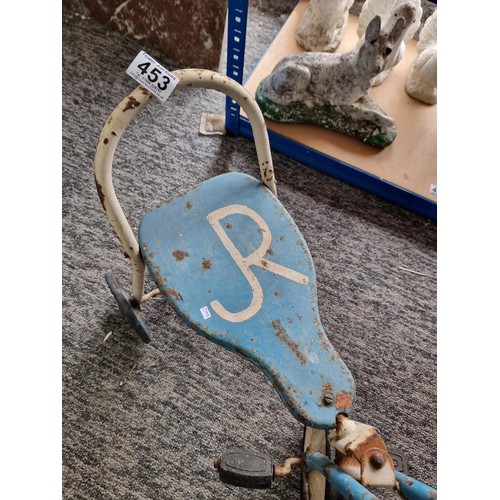 453 - A early vintage blue and white children's trike with the Letter 