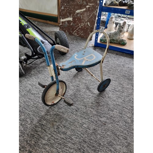 453 - A early vintage blue and white children's trike with the Letter 