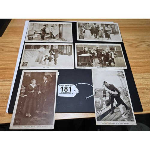 181 - A collection of 6 very rare antique postcards all relating to Charlie Chaplin featuring Charlie Chap... 