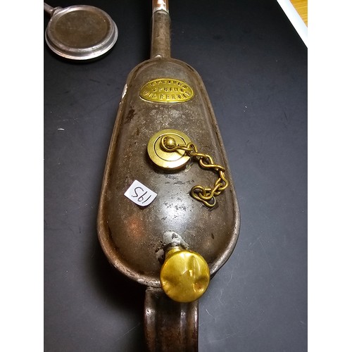 187 - An attractive antique Victorian oil can, improved spring oil feeder along with an antique pipette. T... 