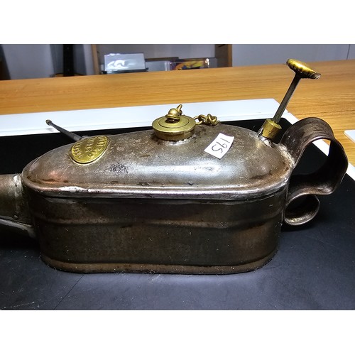 187 - An attractive antique Victorian oil can, improved spring oil feeder along with an antique pipette. T... 