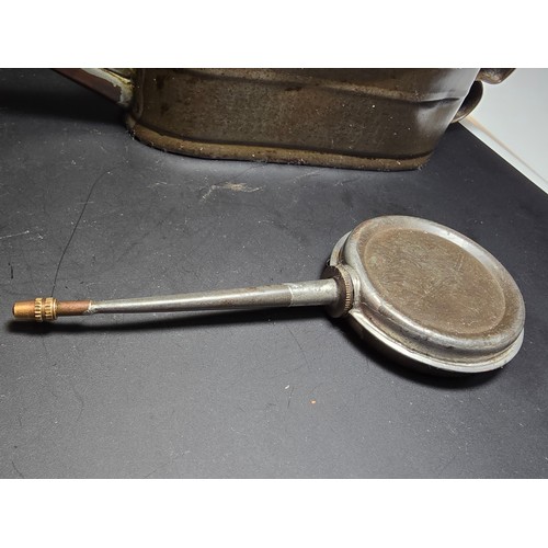 187 - An attractive antique Victorian oil can, improved spring oil feeder along with an antique pipette. T... 