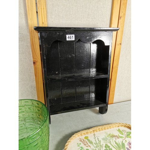 461 - Wooden black painted 2x shelf spice rack along with a green glass flower vase and a serving tray wit... 