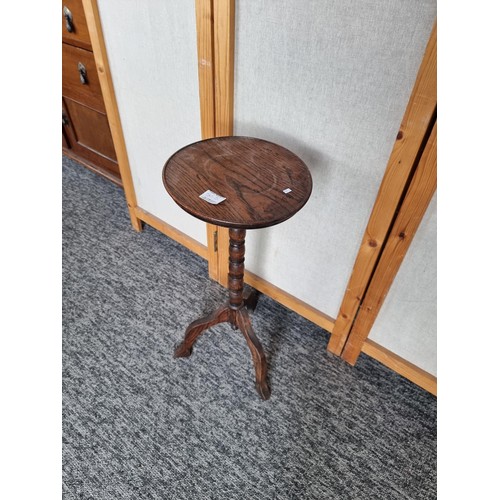 505 - Circular topped wine table with turned stem standing on 3 legs in overall good condition stands at 5... 