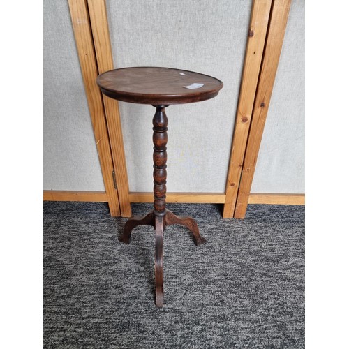 505 - Circular topped wine table with turned stem standing on 3 legs in overall good condition stands at 5... 