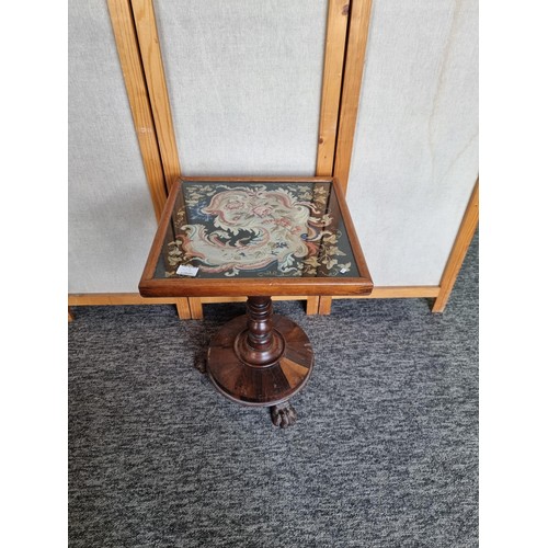 508 - Antique claw footed side table with well detailed embroidered pattern top under glass measures 57cm ... 