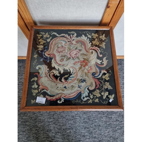 508 - Antique claw footed side table with well detailed embroidered pattern top under glass measures 57cm ... 