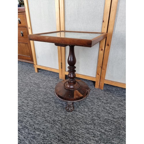 508 - Antique claw footed side table with well detailed embroidered pattern top under glass measures 57cm ... 