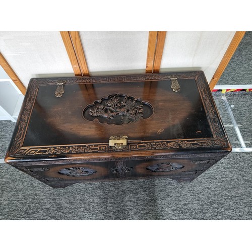 510A - Large very ornate camphorwood linen chest with decoration to the top of a bird scene, decoration of ... 