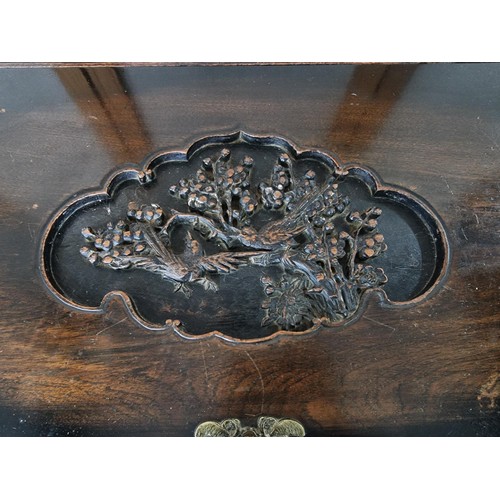 510A - Large very ornate camphorwood linen chest with decoration to the top of a bird scene, decoration of ... 