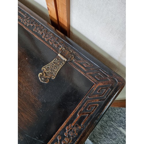 510A - Large very ornate camphorwood linen chest with decoration to the top of a bird scene, decoration of ... 