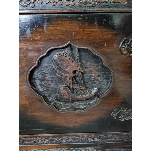 510A - Large very ornate camphorwood linen chest with decoration to the top of a bird scene, decoration of ... 