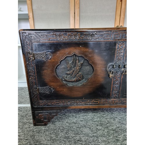 510A - Large very ornate camphorwood linen chest with decoration to the top of a bird scene, decoration of ... 