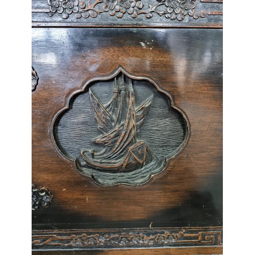 510A - Large very ornate camphorwood linen chest with decoration to the top of a bird scene, decoration of ... 