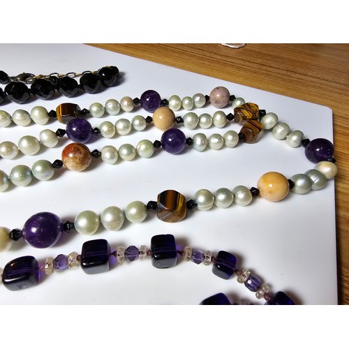 141 - 3x good quality vintage hand knotted beaded necklaces which include stunning very long real pearl, T... 