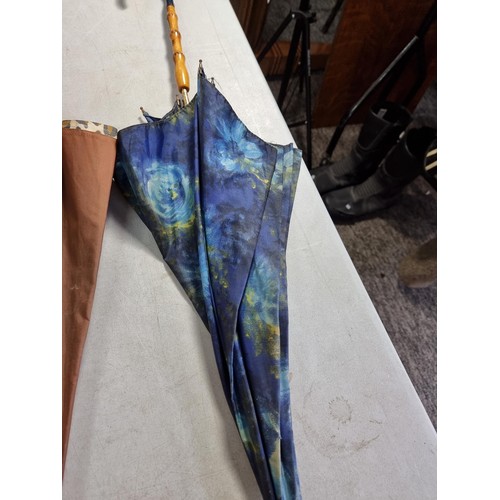 2 - Quantity of 5x vintage umbrellas most with cane handles inc a blue Monet style coloured umbrella