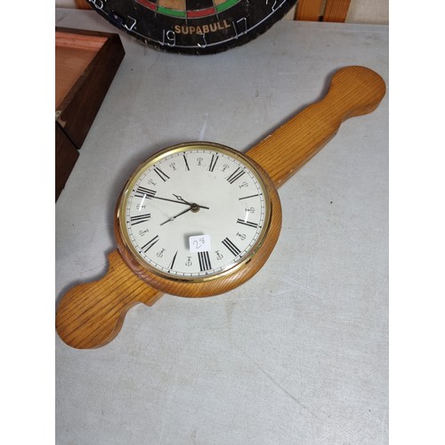 10 - Vintage writing slope in need of internal restoration, a wooden wall clock with quartz movement alon... 
