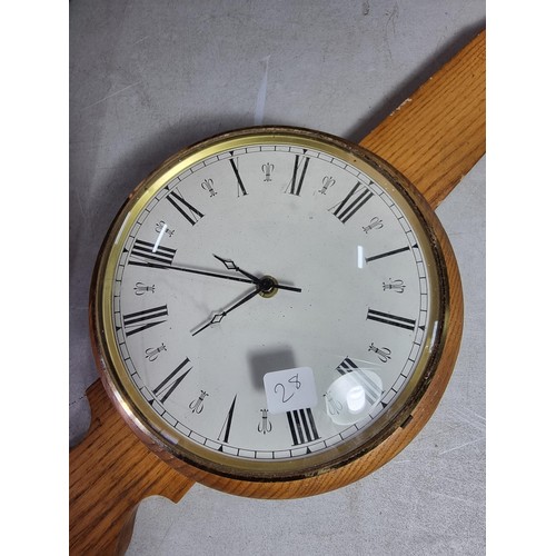 10 - Vintage writing slope in need of internal restoration, a wooden wall clock with quartz movement alon... 