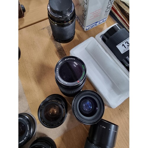 13 - Large quantity of camera lenses of various sizes and models inc Miranda, Soligor, Sirius, Hoya etc p... 