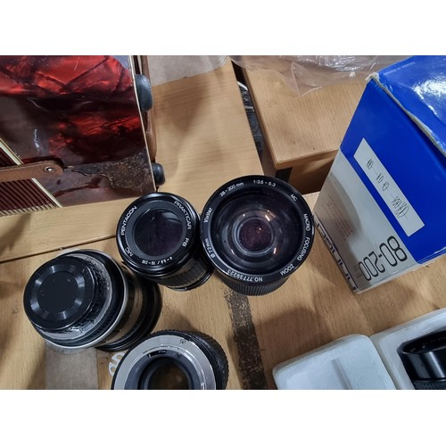 13 - Large quantity of camera lenses of various sizes and models inc Miranda, Soligor, Sirius, Hoya etc p... 