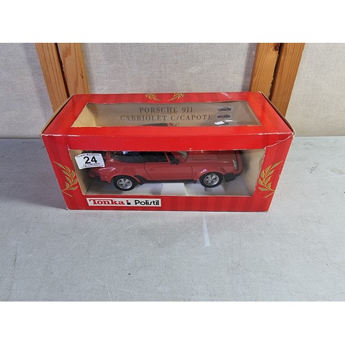 24 - Tonka Polistil 1:16 scale Porsche 911 Cabriolet in guards red, front wheels steer and doors and bonn... 