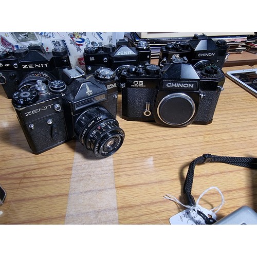 41 - Collection of cameras inc Fujica with a 100mm lens, 2x Chinons, 3x Zenits along with accessories