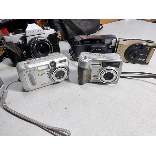 48 - Collection of cameras and accessories inc Praktica camera in leather case, Vivitar camera, Kodak 3.1... 