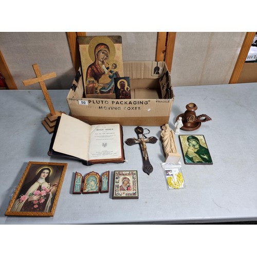 50 - Box containing a quantity of religious items inc wooden cross on plinth, wall hanging cross, bible, ... 